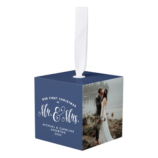 Pas getrouwd eerste kerst marine blauw decoratie (Voorkant hoekig)