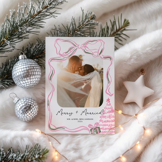 Pas getrouwd Eerste Kerst  Roze Bow Feestdagenkaart