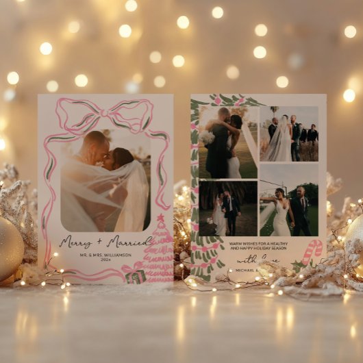 Pas getrouwd Eerste Kerst  Roze Bow Feestdagenkaart