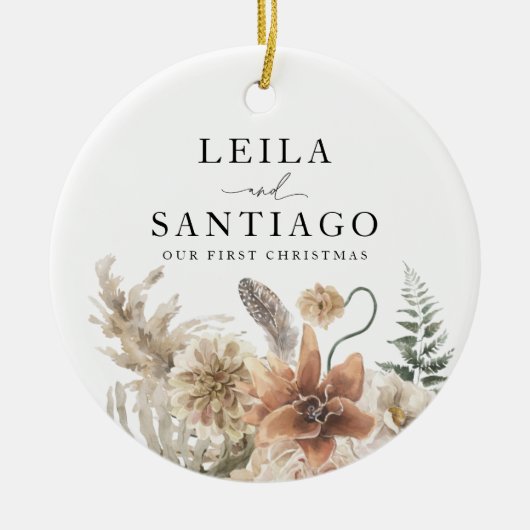 Pas getrouwd eerste kerstfoto Boho Keramisch Ornament (Voorkant)