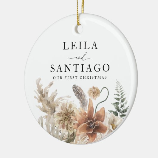Pas getrouwd eerste kerstfoto Boho Keramisch Ornament (Links)