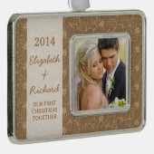 Pas getrouwd eerste kerstfoto Rustic Burlap Lace Verzilverd Omlijst Ornament (Rechts)