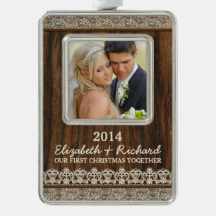 Pas getrouwd eerste kerstfoto rustieke houten kant verzilverd omlijst ornament