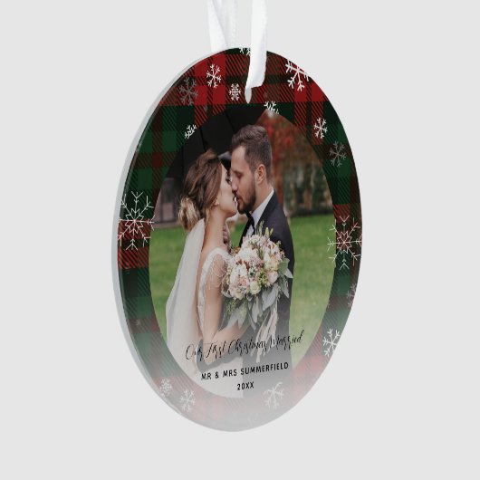 Pas getrouwd Eerste Kerstmis Plaid Sneeuwvlokken V Ornament (voorkant)