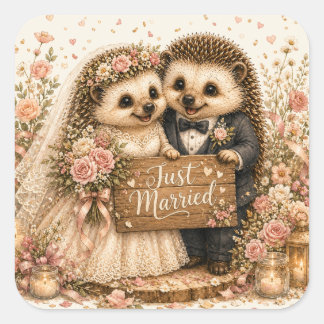 Pas Getrouwd Egel Romantische Cottagecore Bruiloft Vierkante Sticker