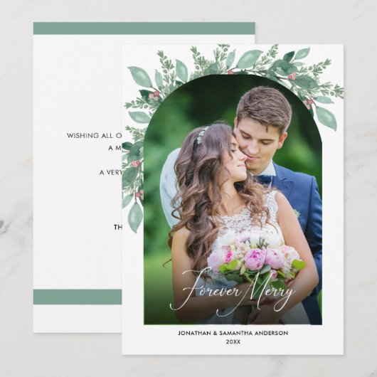 Pas getrouwd Foto Arch Forever Merry Greenery Feestdagenkaart (Voorkant / Achterkant)