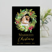 Pas getrouwd Foto Goud Zwart Getrouwde Kerstkrans Folie Feestdagenkaart (Staand Voorkant)
