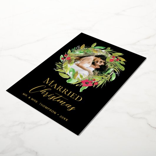 Pas getrouwd Foto Goud Zwart Getrouwde Kerstkrans Folie Feestdagenkaart (Gedraaid)