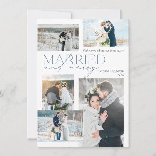 Pas getrouwd getrouwd en vrolijk rustiek blauw fot feestdagenkaart (Voorkant)