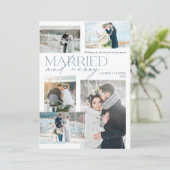 Pas getrouwd getrouwd en vrolijk rustiek blauw fot feestdagenkaart (Staand voorkant)