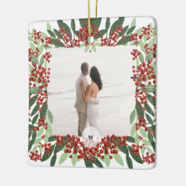 Pas getrouwd Getrouwd Foto Monogram Kerst Lijst Keramisch Ornament