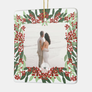 Pas getrouwd Getrouwd Foto Monogram Kerst Lijst Keramisch Ornament