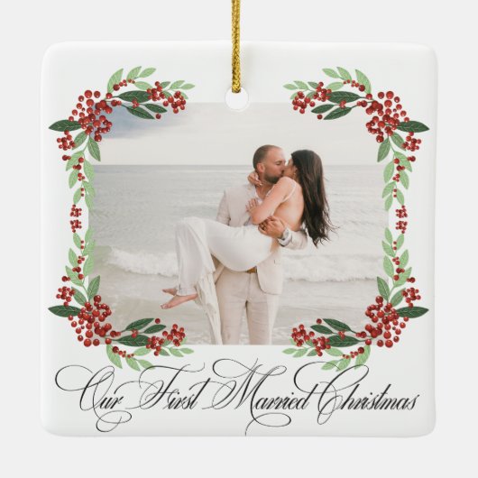Pas getrouwd Getrouwd Foto Monogram Kerst Lijst Keramisch Ornament (Achterkant)