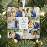 Pas getrouwd Getrouwd Paar Foto Collage Kerstmis Metalen Ornament<br><div class="desc">Dit mooie pasgetrouwde paar houdt sake metalen kerst ornament cadeau is voorzien van een stijlvolle lay-out van 6 trouwfoto's op een witte achtergrond met de namen van het echtpaar, locatie en datum. Een prachtig herdenkingsgeschenk voor uw vrouw of man om voor altijd te koesteren. Voeg een volledige foto toe op...</div>