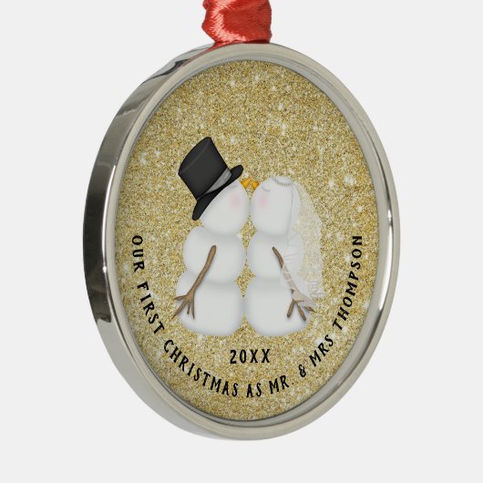 Pas getrouwd Gold Sneeuwpaar, eerste kerstdag Metalen Ornament (Rechts)