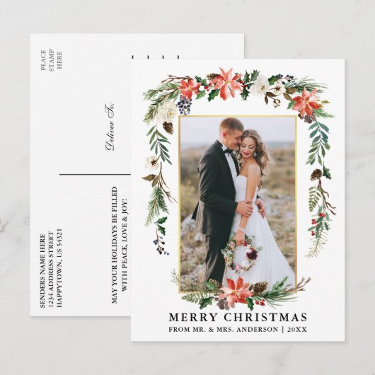 Pas getrouwd Goud Lijst Waterverf Winter Bloemen Briefkaart (Voorkant / Achterkant)