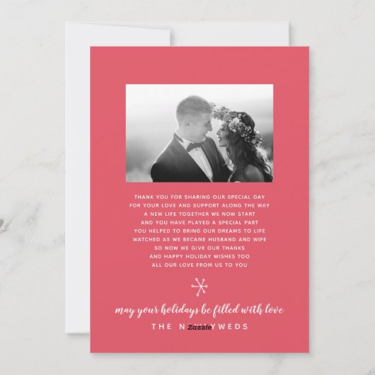 Pas getrouwd Holiday Handtekening | Rood | 3-Foto Feestdagenkaart (Achterkant)