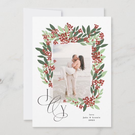 Pas getrouwd Kalligrafie JOY Bloemen Kerstmis Foto Feestdagenkaart (Voorkant)