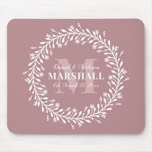 Pas getrouwd Keepomwille Couple Pink WreatMonogram Muismat (Voorkant)