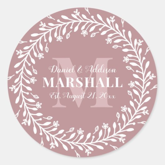 Pas getrouwd Keepomwille Couple Pink WreatMonogram Ronde Sticker (Voorkant)