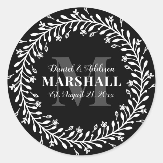 Pas getrouwd Keepomwille Couple Wreatmonogram Name Ronde Sticker (Voorkant)