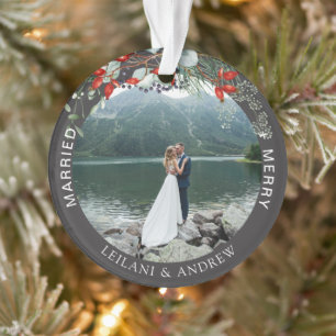 Pas getrouwd Kerstfoto Waterverf Holly Gray Ornament