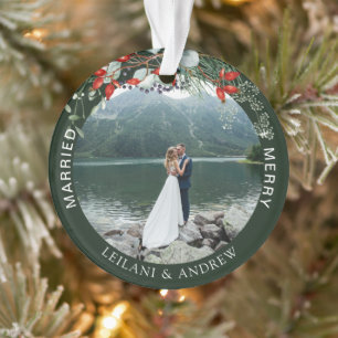 Pas getrouwd Kerstfoto Waterverf Holly Green Ornament