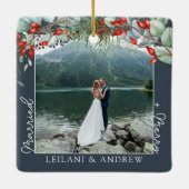 Pas getrouwd Kerstfoto Waterverf Holly Slate Keramisch Ornament (Achterkant)