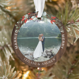 Pas getrouwd Kerstfoto Waterverf Holly Wood Ornament