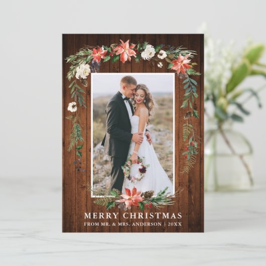 Pas getrouwd Kersthout Waterverf Winter Floral Feestdagenkaart (Staand voorkant)