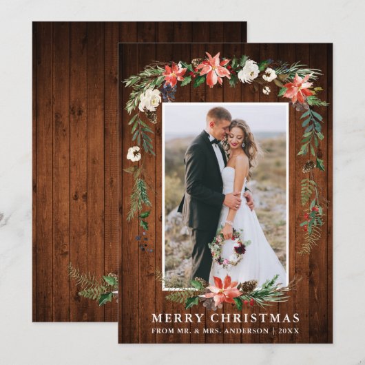 Pas getrouwd Kersthout Waterverf Winter Floral Feestdagenkaart (Voorkant / Achterkant)