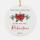 Pas getrouwd Kerstmis en rode winterbloemen Keramisch Ornament (Voorkant)