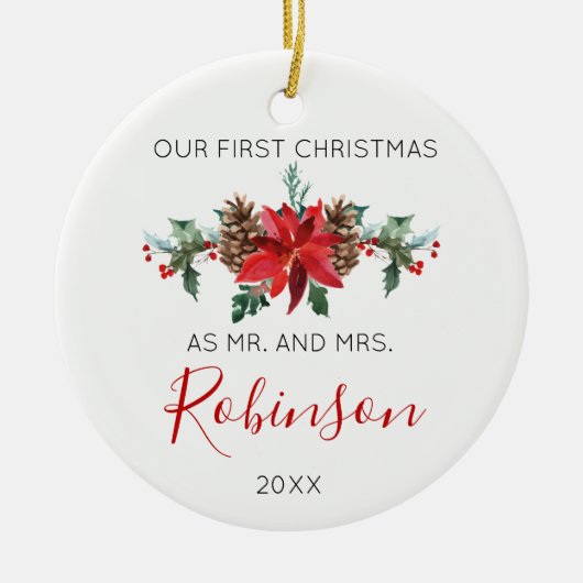 Pas getrouwd Kerstmis en rode winterbloemen Keramisch Ornament (Voorkant)