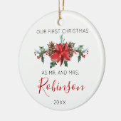 Pas getrouwd Kerstmis en rode winterbloemen Keramisch Ornament (Links)