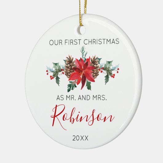 Pas getrouwd Kerstmis en rode winterbloemen Keramisch Ornament (Links)