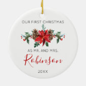 Pas getrouwd Kerstmis en rode winterbloemen Keramisch Ornament (Achterkant)