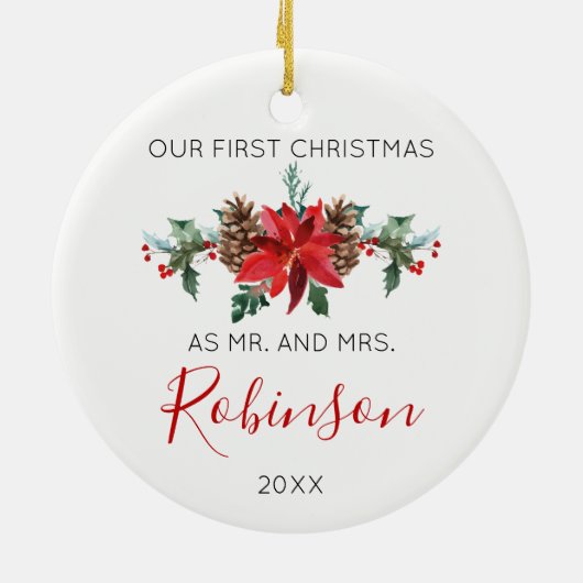 Pas getrouwd Kerstmis en rode winterbloemen Keramisch Ornament (Achterkant)