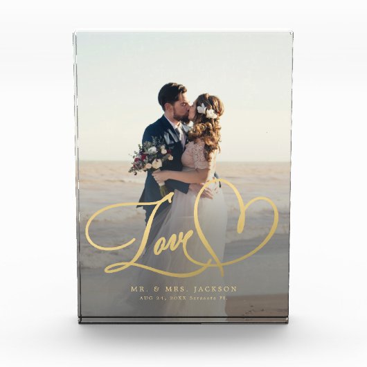 Pas getrouwd Love Gold Script Trouwfoto Custom Fotoblokken (Voorkant)