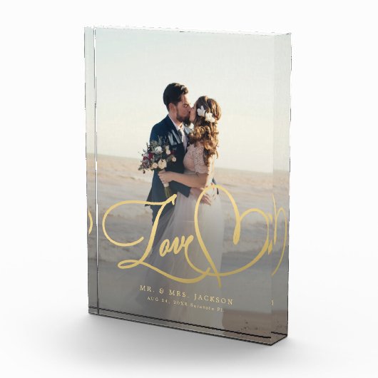 Pas getrouwd Love Gold Script Trouwfoto Custom Fotoblokken (Rechts)