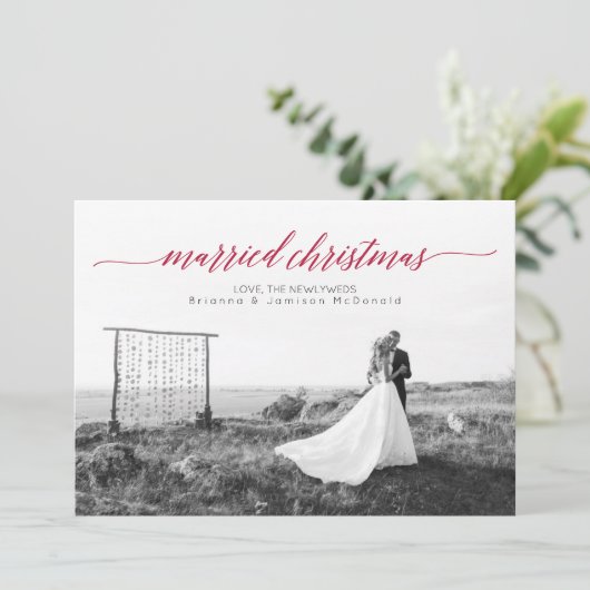 Pas getrouwd met kerstmis foto feestdagenkaart (Staand voorkant)
