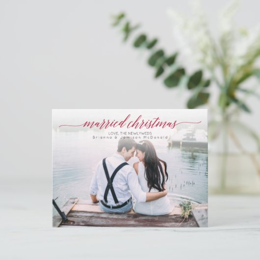 Pas getrouwd met kerstmis foto feestdagenkaart (Staand voorkant)