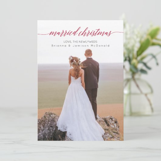 Pas getrouwd met kerstmis foto feestdagenkaart (Staand voorkant)