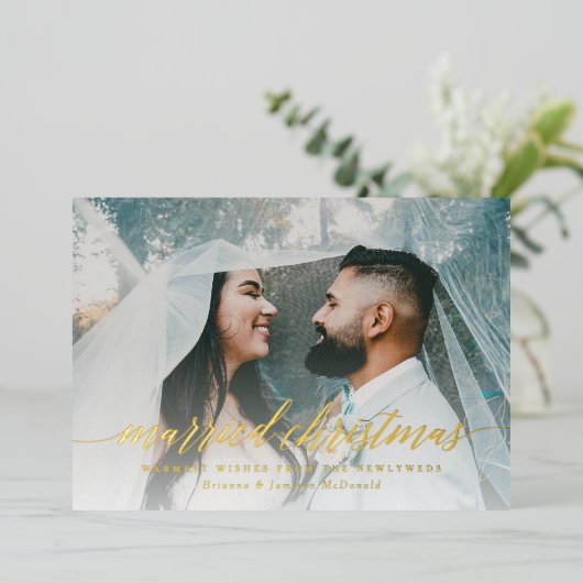 Pas getrouwd met kerstmis foto folie feestdagenkaart (Staand Voorkant)