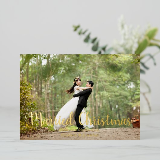 Pas getrouwd met Kerstmis Foto Folie Feestdagenkaart (Staand Voorkant)