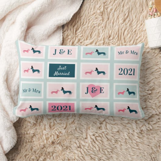 Pas getrouwd Monogram Cute Dachshund Dog Blue Kussen (Deken)