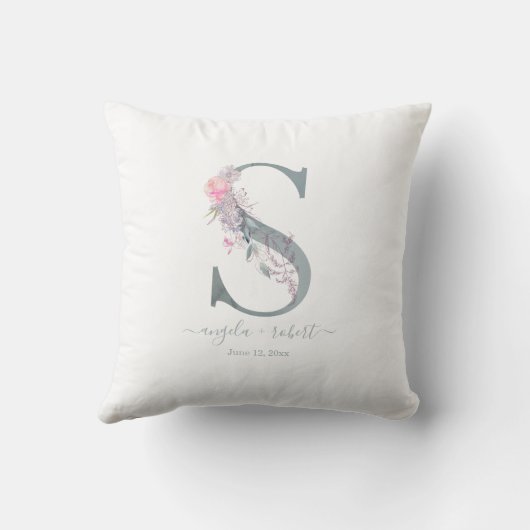 Pas getrouwd Monogram S Blush Roze Waterverf Flora Kussen (Achterkant)