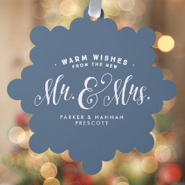 Pas getrouwd Mr. en Mrs. elegante blauwe kerstfoto Ornament Kaart