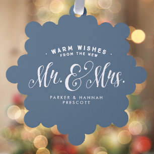 Pas getrouwd Mr. en Mrs. elegante blauwe kerstfoto Ornament Kaart