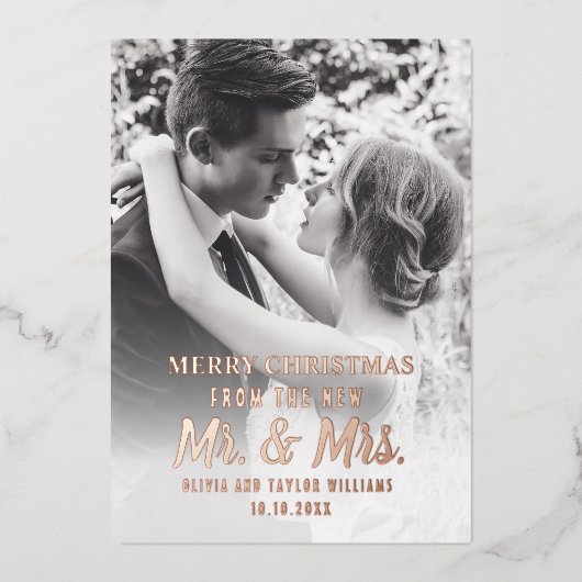 Pas getrouwd Mr. en Mrs. First-kerstfoto Folie Feestdagenkaart (Voorkant)