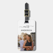Pas getrouwd Mrs. met script en foto voor Honeymoo Bagagelabel (Voorkant verticaal)